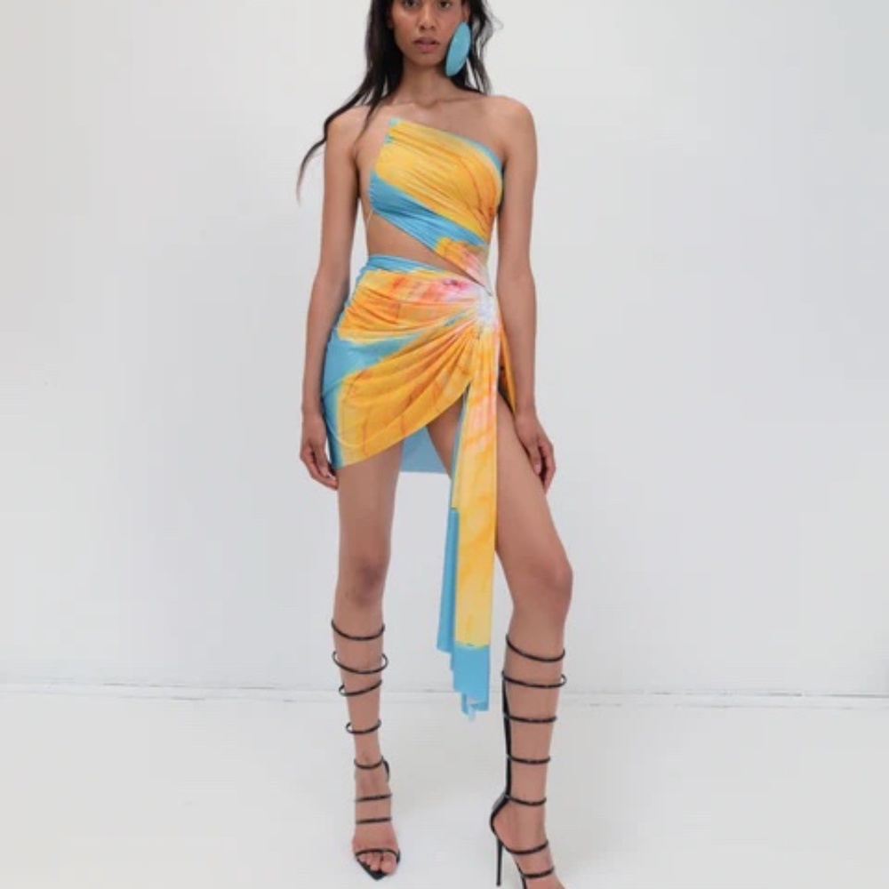 FAL-ASH Signature mini floral dress in sky blue/tangerine